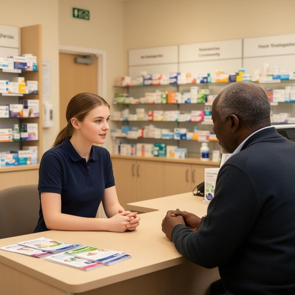 Pharmacist consulting patient about travel vaccinations