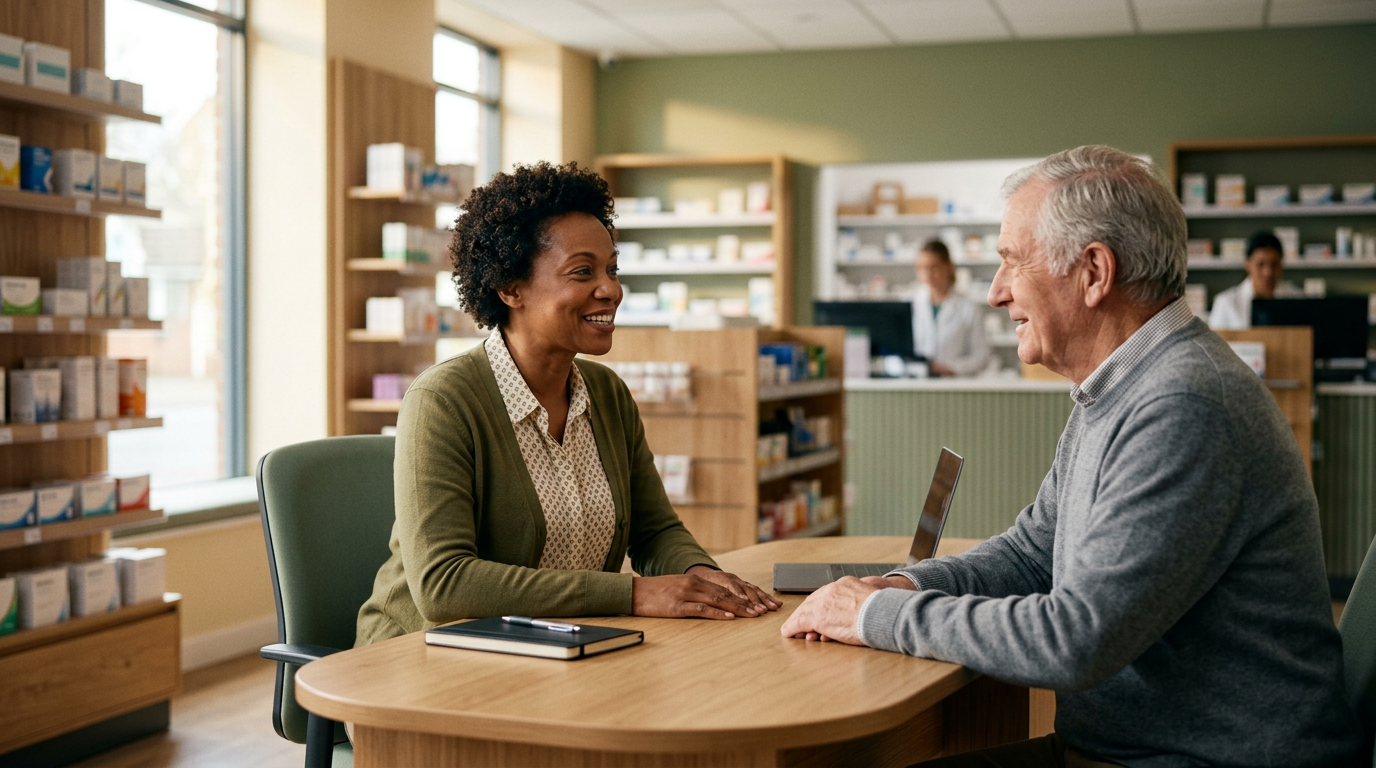 Welcoming UK community pharmacy interior with consultation area